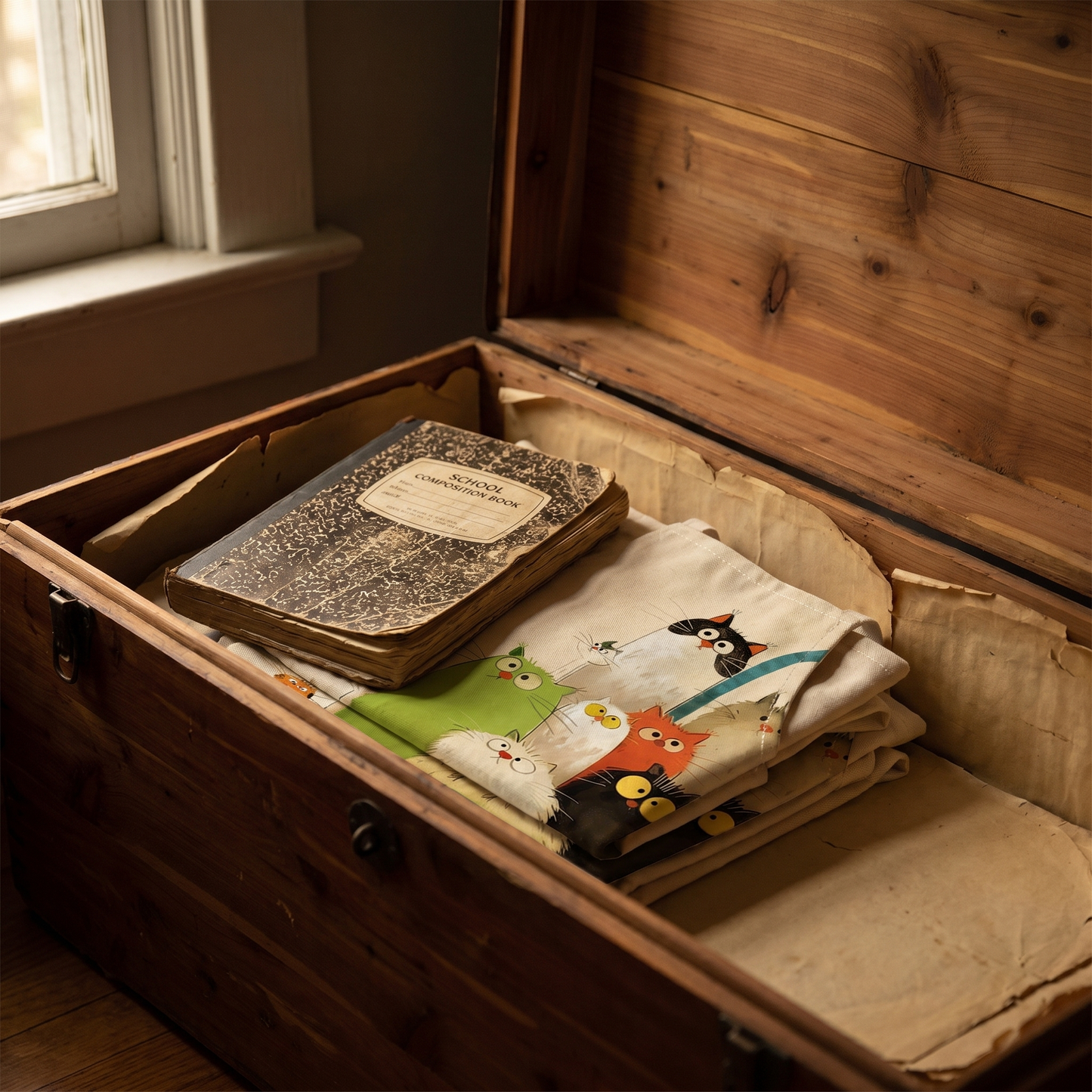 Folded cat aprons in a cedar chest with the worn composition book of cat names on top