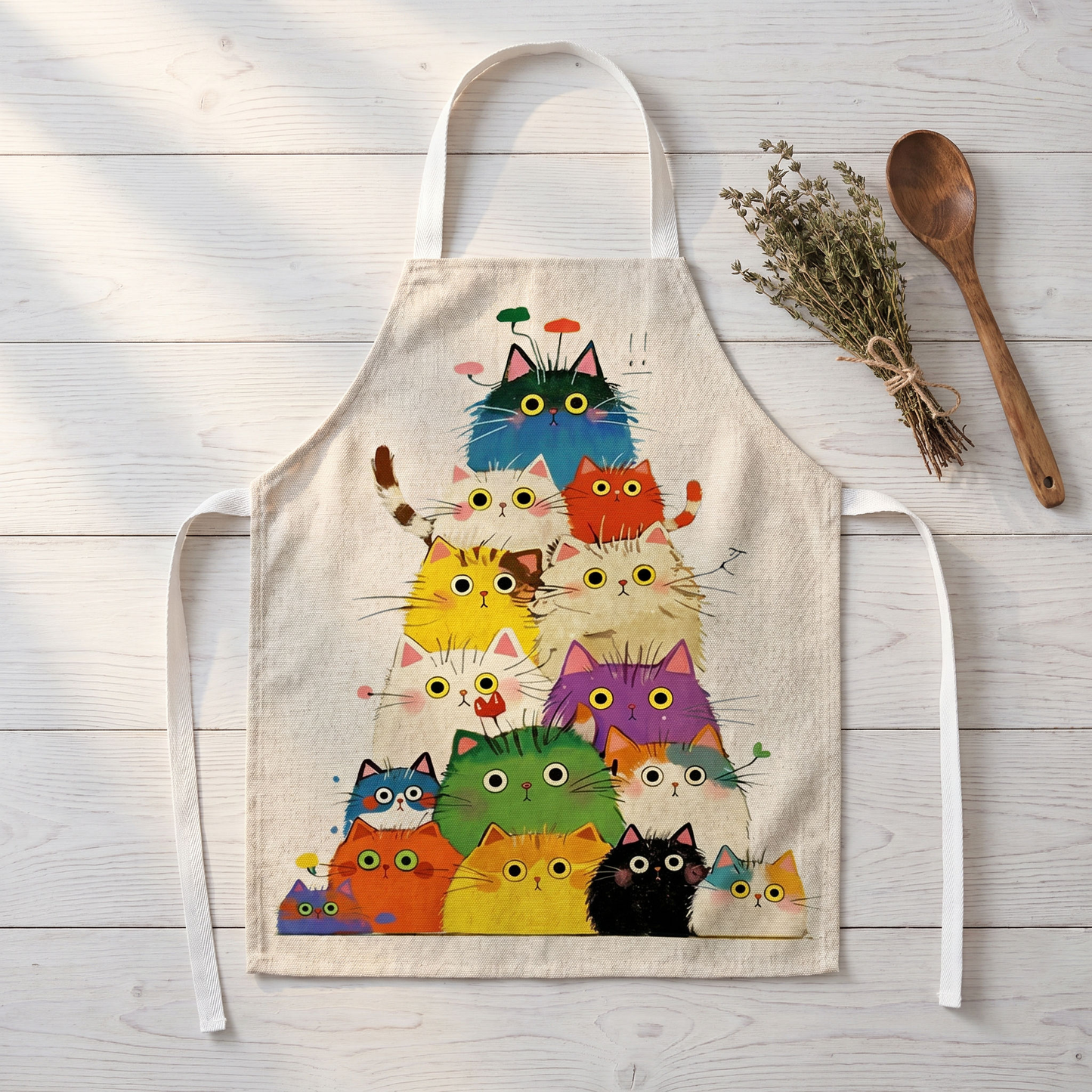 Della's cat apron laid flat showing the whole clowder of colorful cats