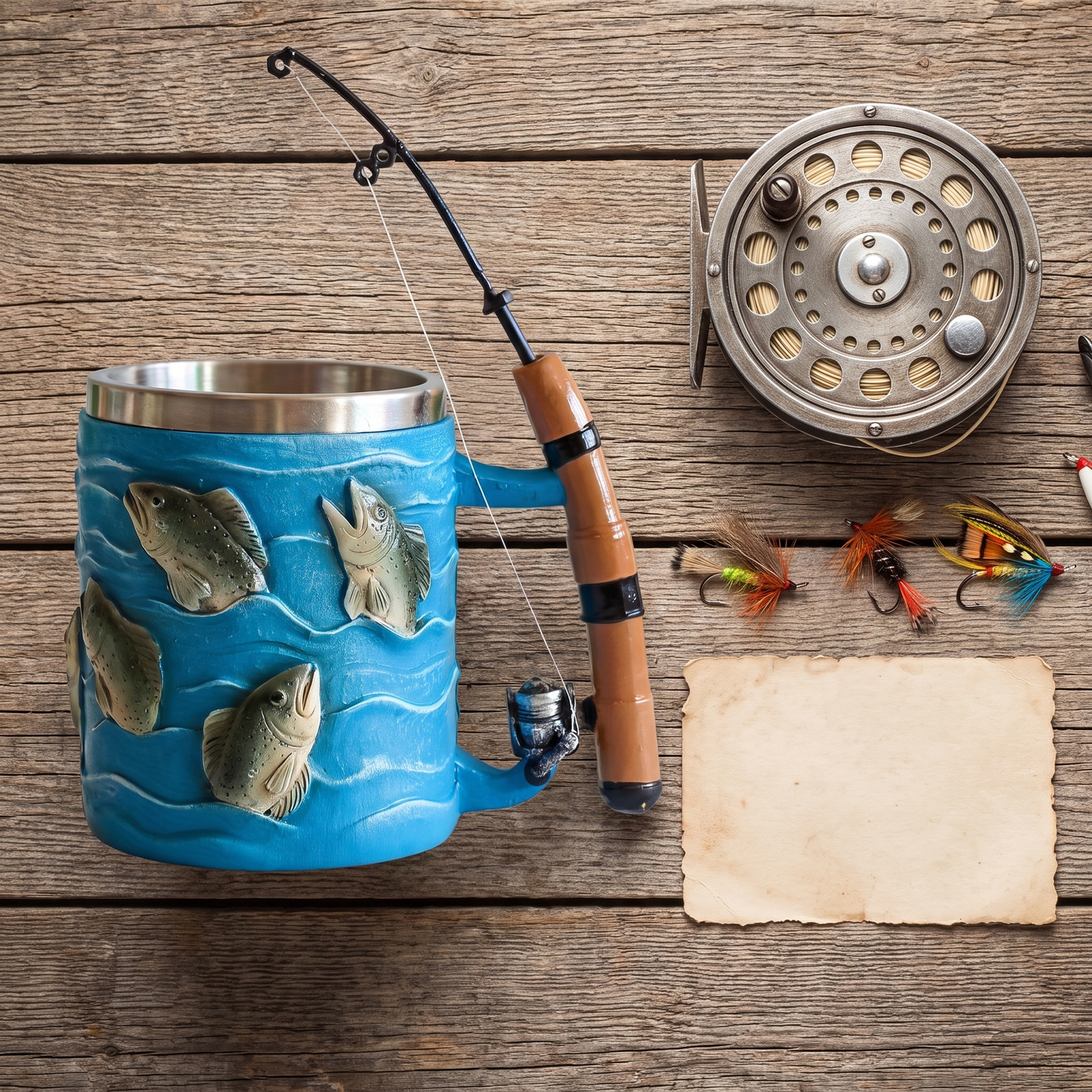 Trout mug with a fly reel, hand-tied flies and a maker's card on barn wood