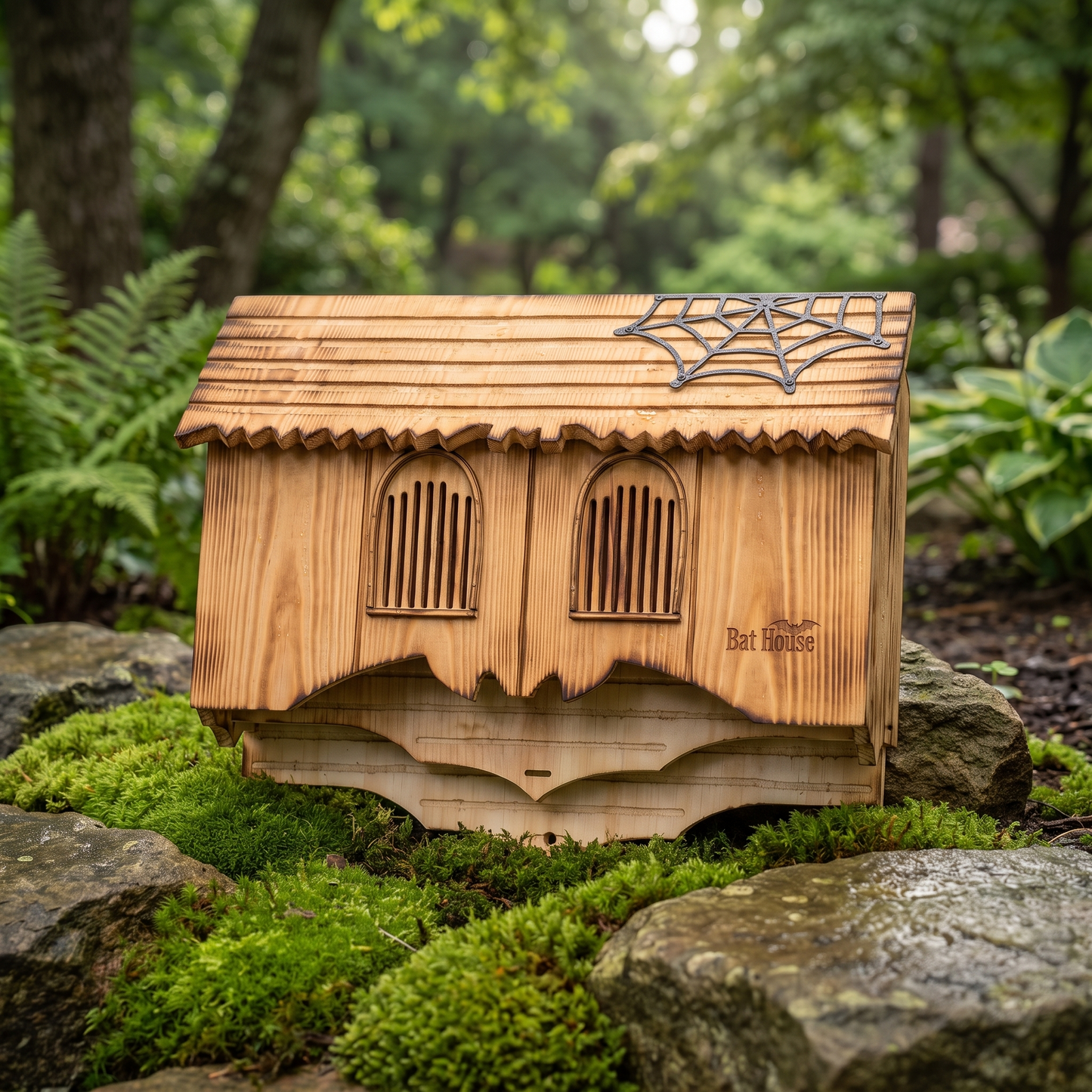 Carved gothic bat house resting on garden moss and weathered stones