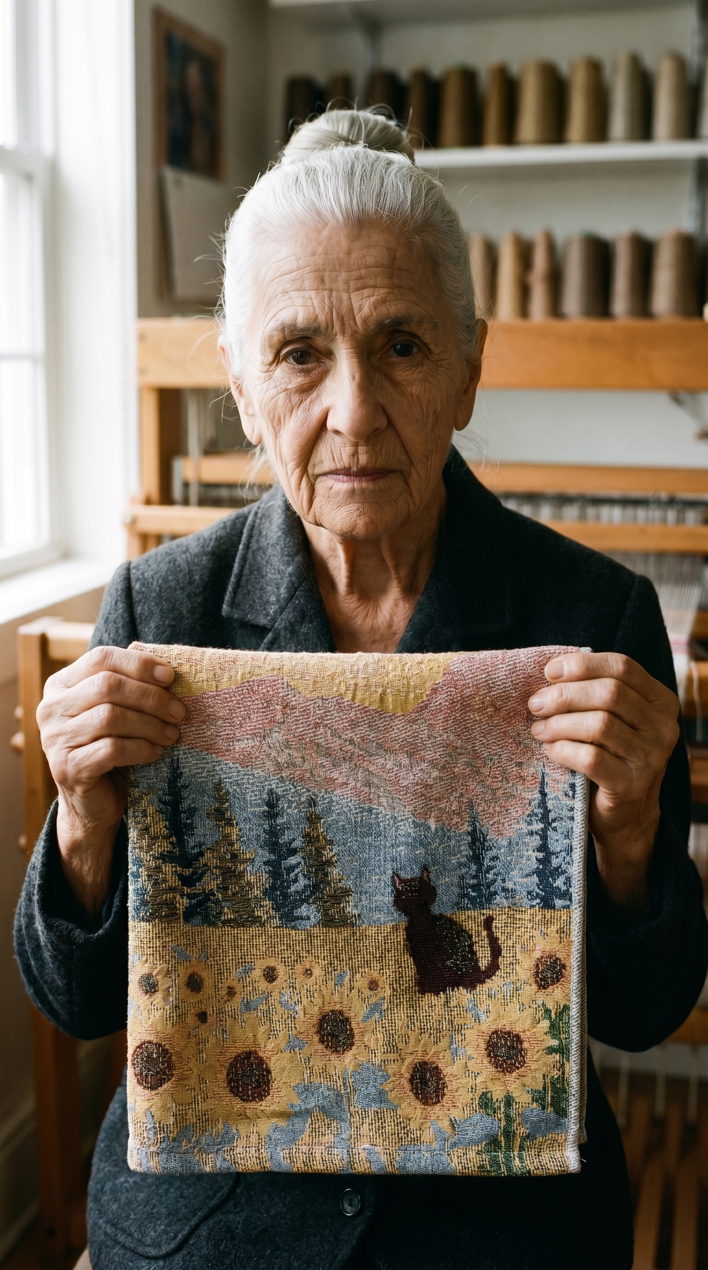 Opal Caudill holding up one of her finished hand-woven landscape cloths