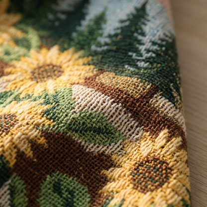 Macro close-up of the woven cotton texture showing the picture is woven thread by thread, not printed