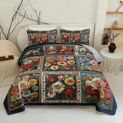 Vintage roses pattern quilted bedspread set
