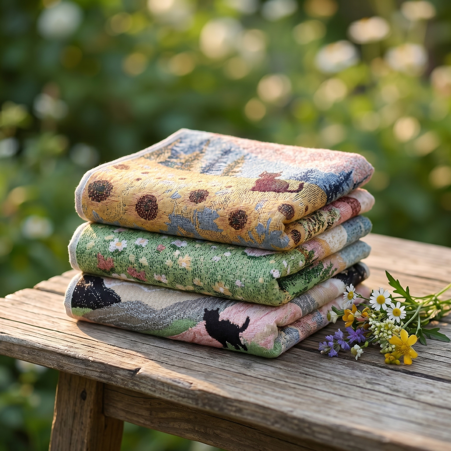 Three folded woven landscape cloths stacked on a weathered wooden table outdoors with wildflowers