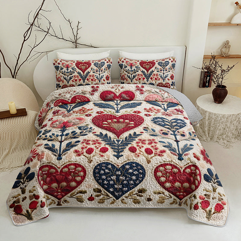 Hearts and botanical pattern quilted bedspread set