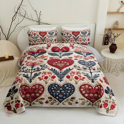 Hearts and botanical pattern quilted bedspread set