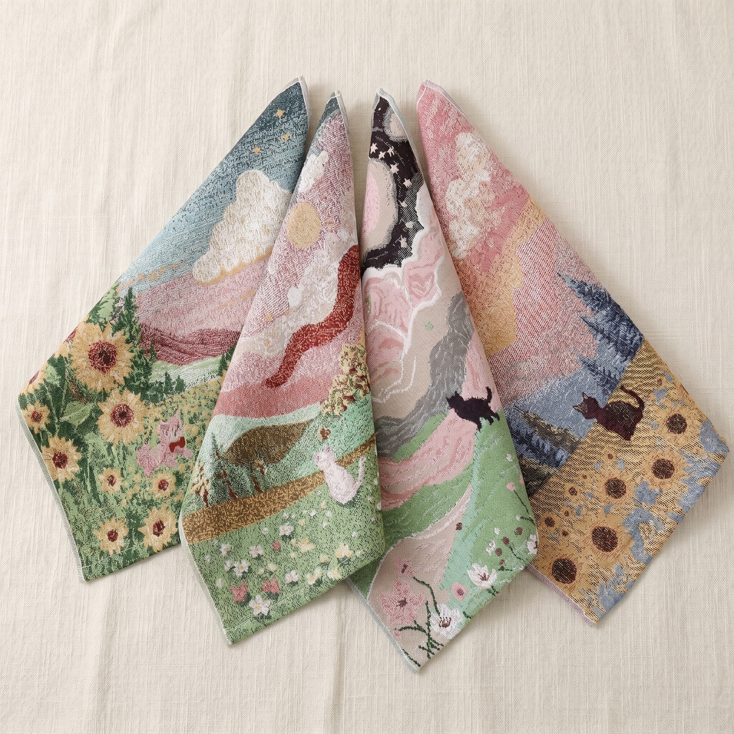 Set of four hand-woven landscape cloths fanned out - sunflower field, sheep meadow, spring and autumn black cat
