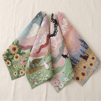 Set of four hand-woven landscape cloths fanned out - sunflower field, sheep meadow, spring and autumn black cat