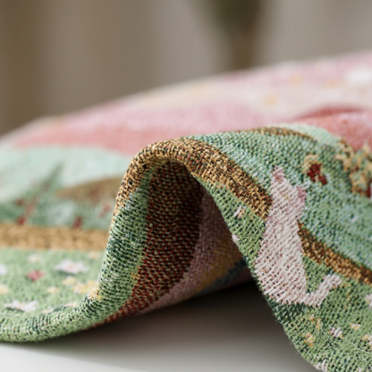 Macro at the fold showing the scene woven through to both sides, not printed