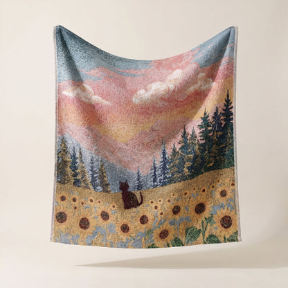 Single hand-woven landscape cloth - sunflower field at dusk with a black cat and pine forest