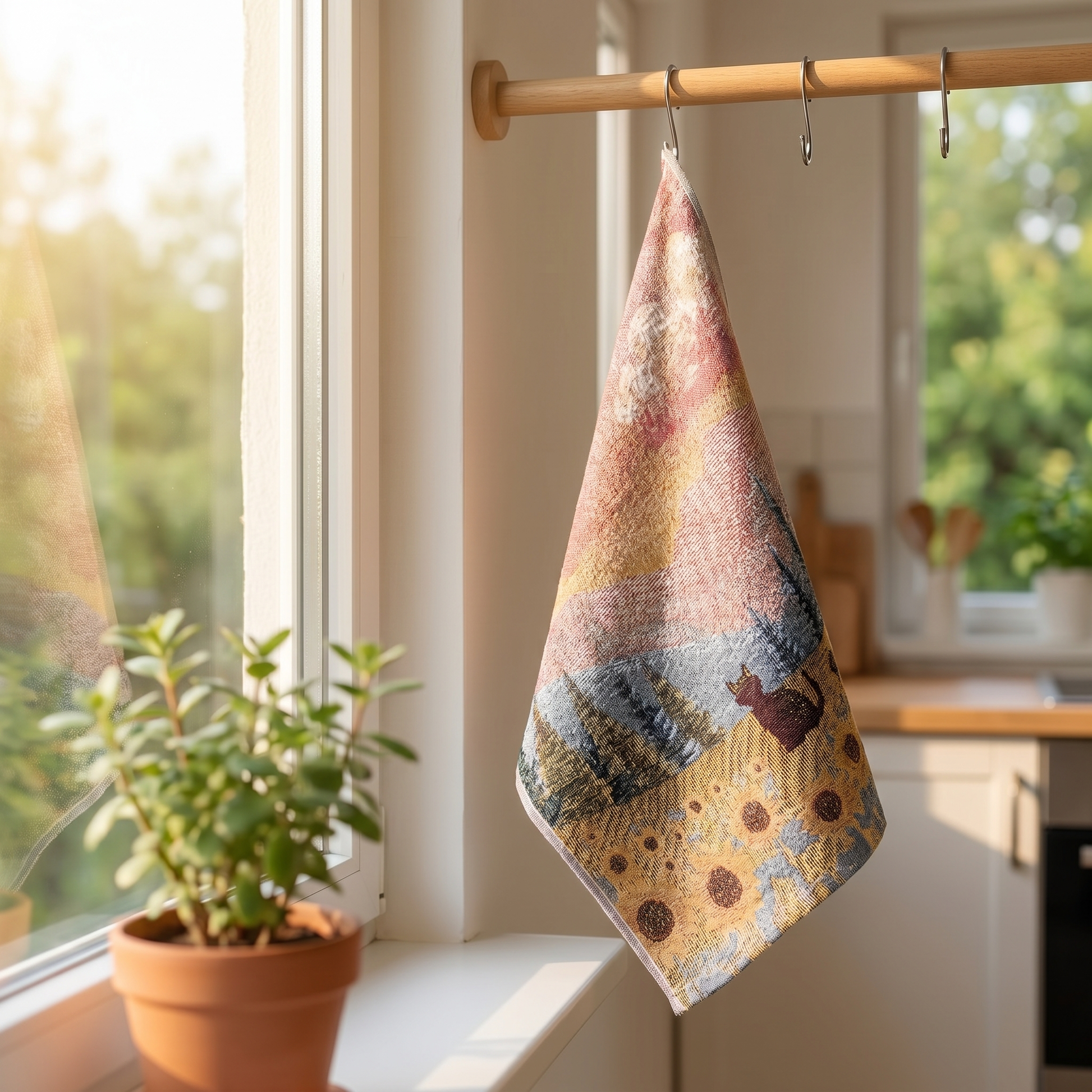 A woven landscape cloth hanging from a wooden rail by a bright kitchen window