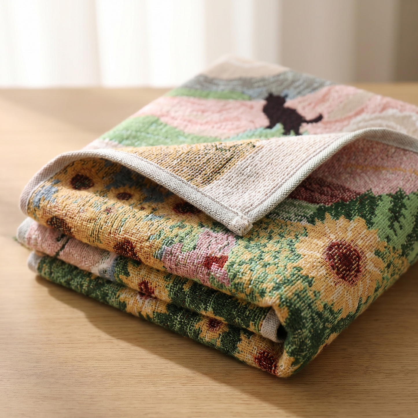 Close-up of the folded hand-woven cloth showing its thickness and finished edge