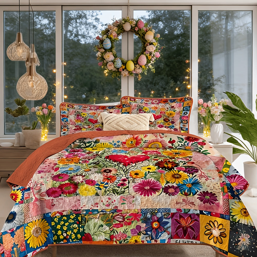 Wildflower patchwork pattern quilted bedspread set
