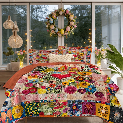 Wildflower patchwork pattern quilted bedspread set