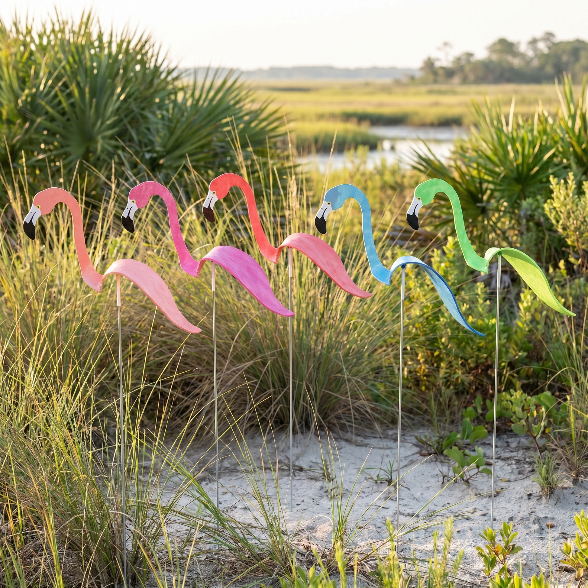 All five hand-painted flamingo wind-spinners in a group — Coral, Hot Pink, Watermelon, Spa Blue, Key Lime