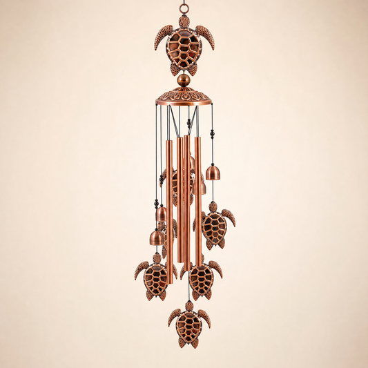 Nells Turtle Wind Chime — antique bronze sea turtle wind chime with hand-cut tubes and hatchling pendants, hero shot