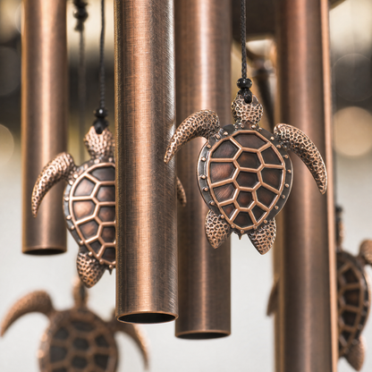 Macro detail of the four hand-cut bronze tubes and the small hatchling turtle pendants
