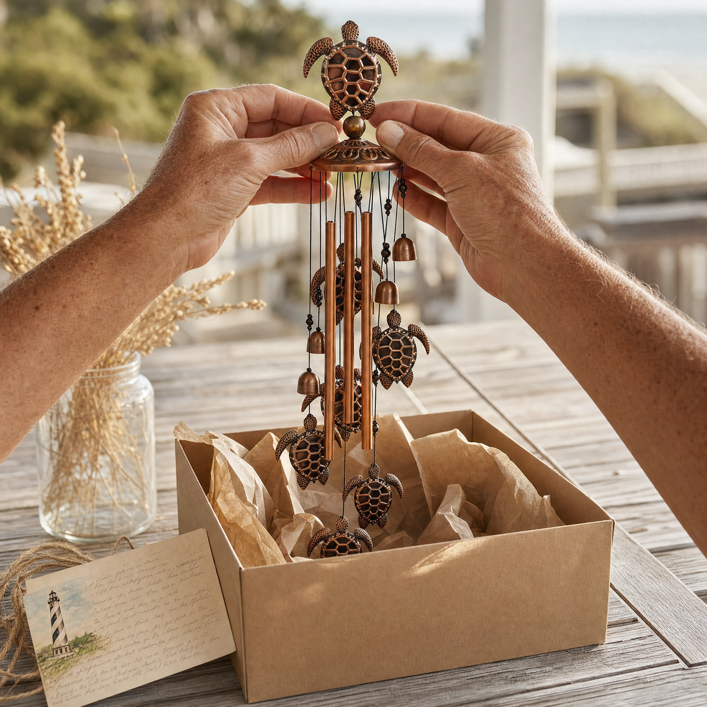 Hands lifting Nells Turtle Wind Chime out of a kraft-paper gift box on a porch table with a Cape Hatteras Lighthouse postcard