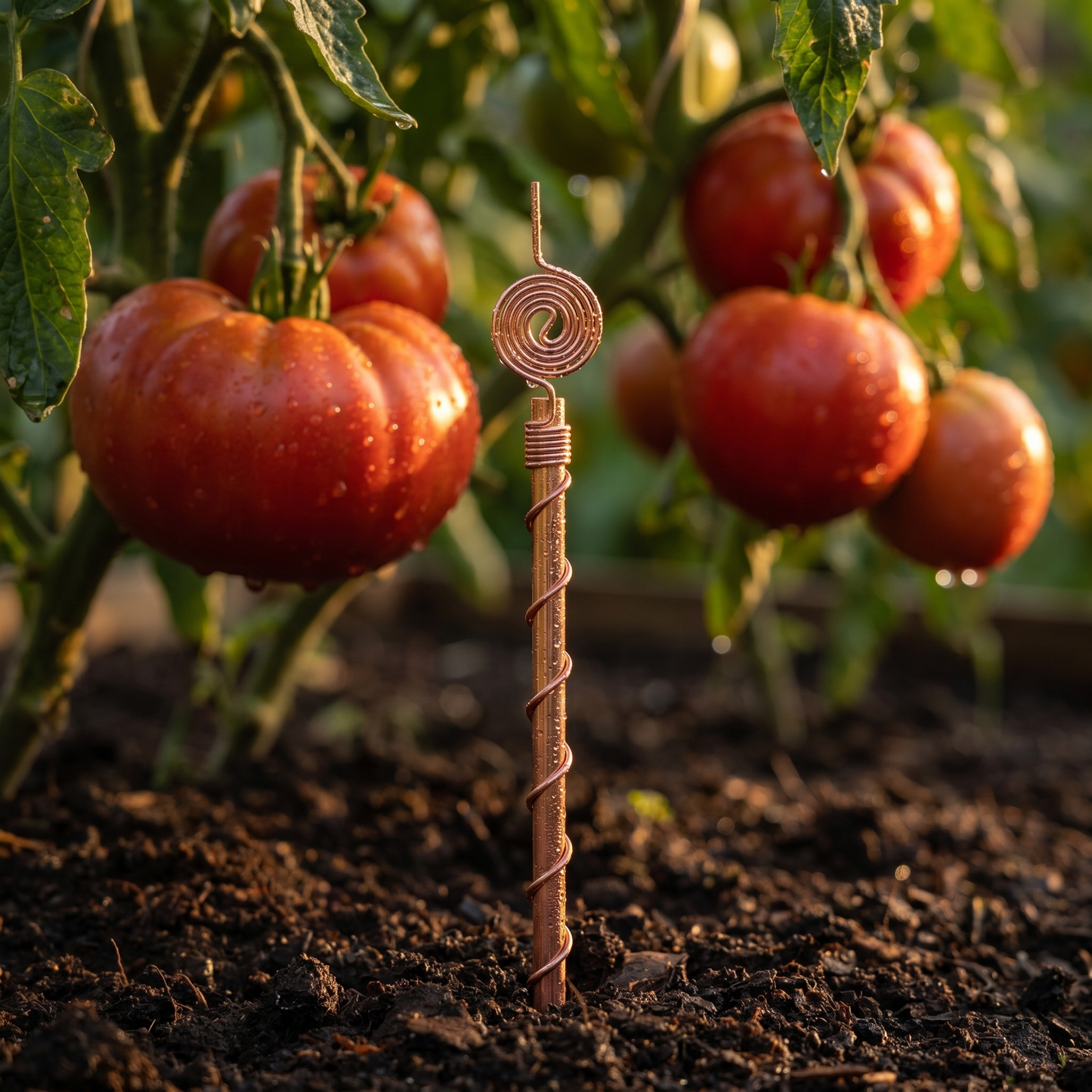 A single Henri's Plant-Boosting copper garden stake standing in dark composted soil at the base of a heritage Brandywine tomato plant, ripe red tomatoes hanging visibly behind in golden hour light.