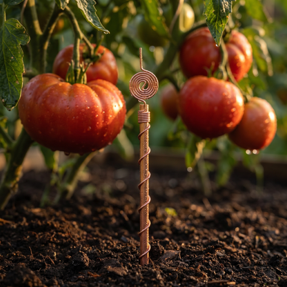 A single Henri's Plant-Boosting copper garden stake standing in dark composted soil at the base of a heritage Brandywine tomato plant, ripe red tomatoes hanging visibly behind in golden hour light.
