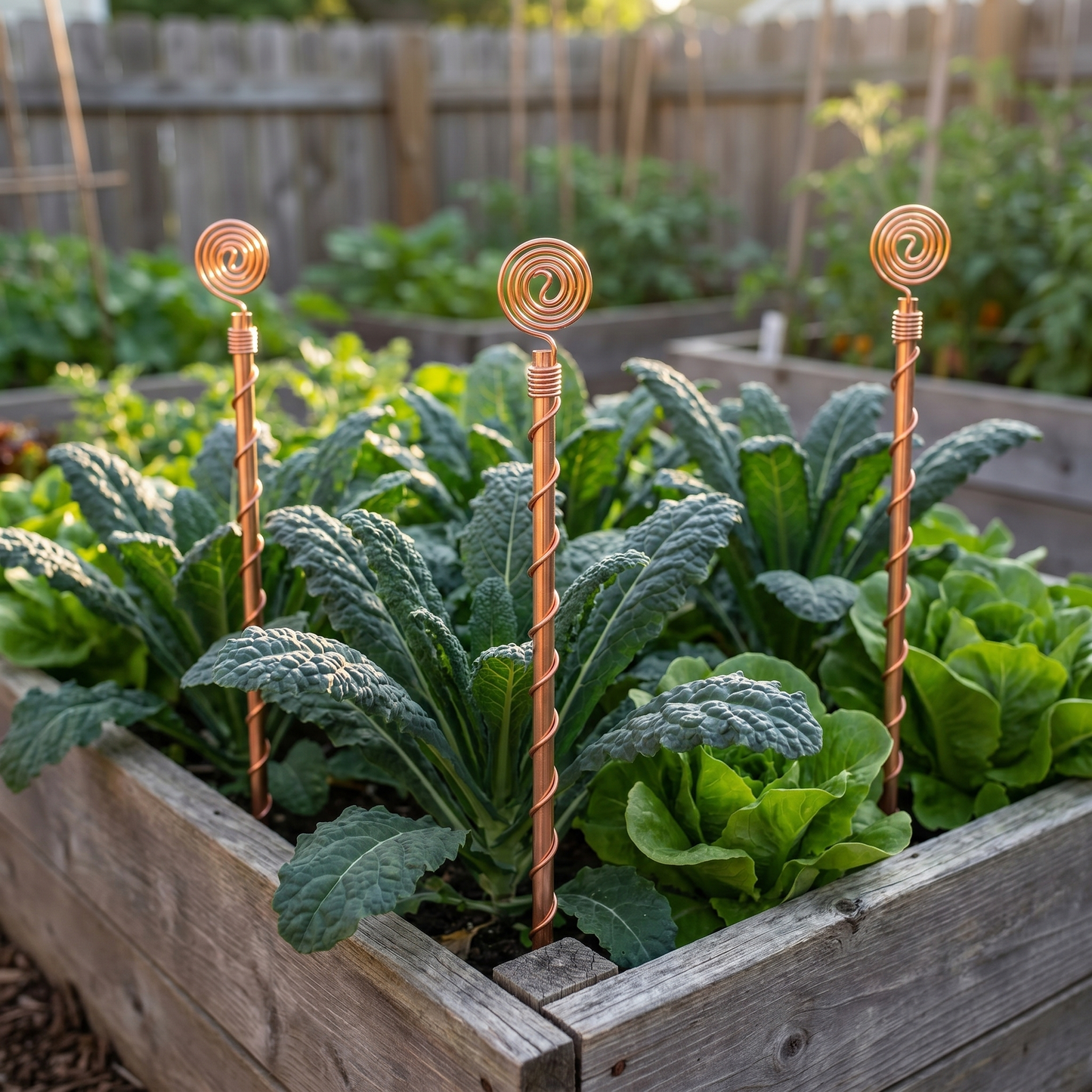Three Henri's Plant-Boosting copper garden stakes installed in a raised cedar bed of lush lacinato kale and butter lettuce, plants visibly dense and vigorous, weathered backyard fence background.