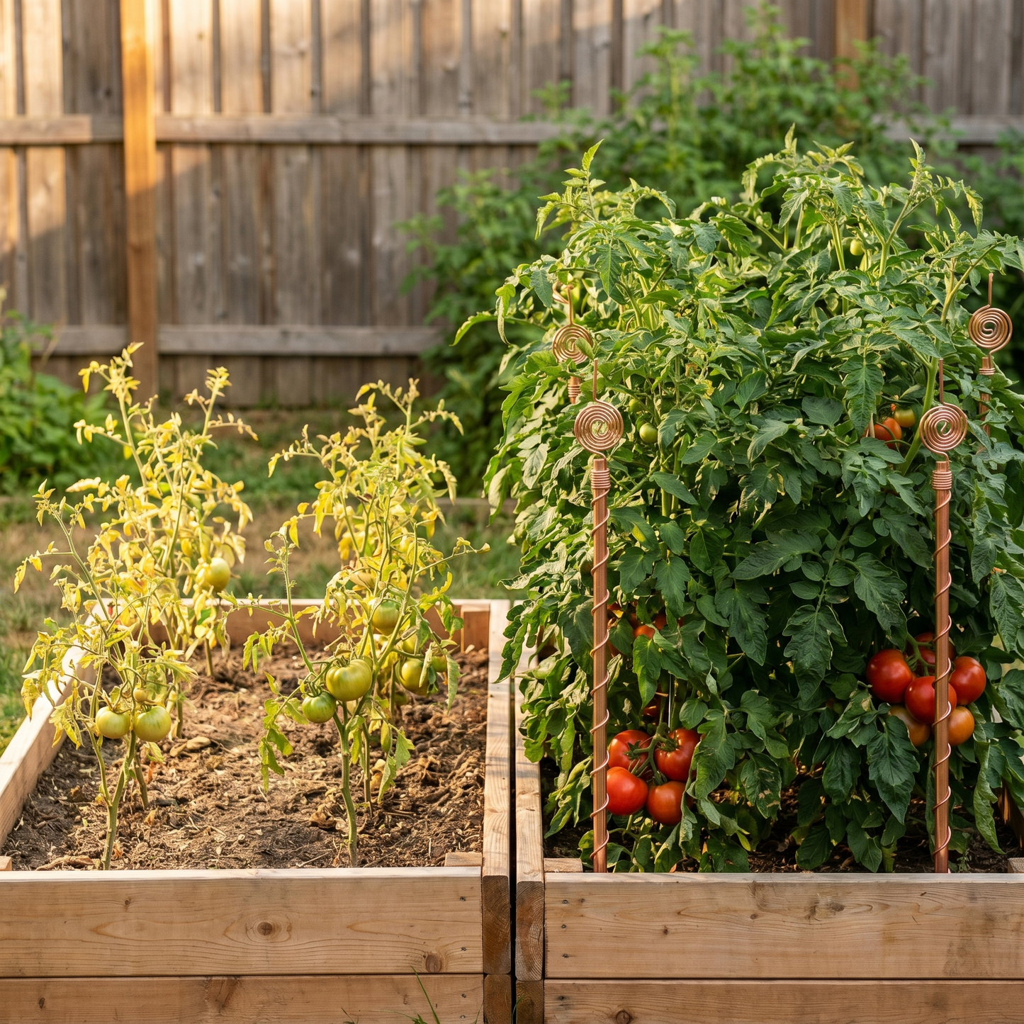 Side-by-side comparison of two adjacent raised cedar beds in the same backyard. Left bed without Henri's Plant-Boosting copper stakes — sparse, struggling heritage tomatoes. Right bed with stakes — dramatically lush, dense, abundant ripe Brandywine tomatoes.