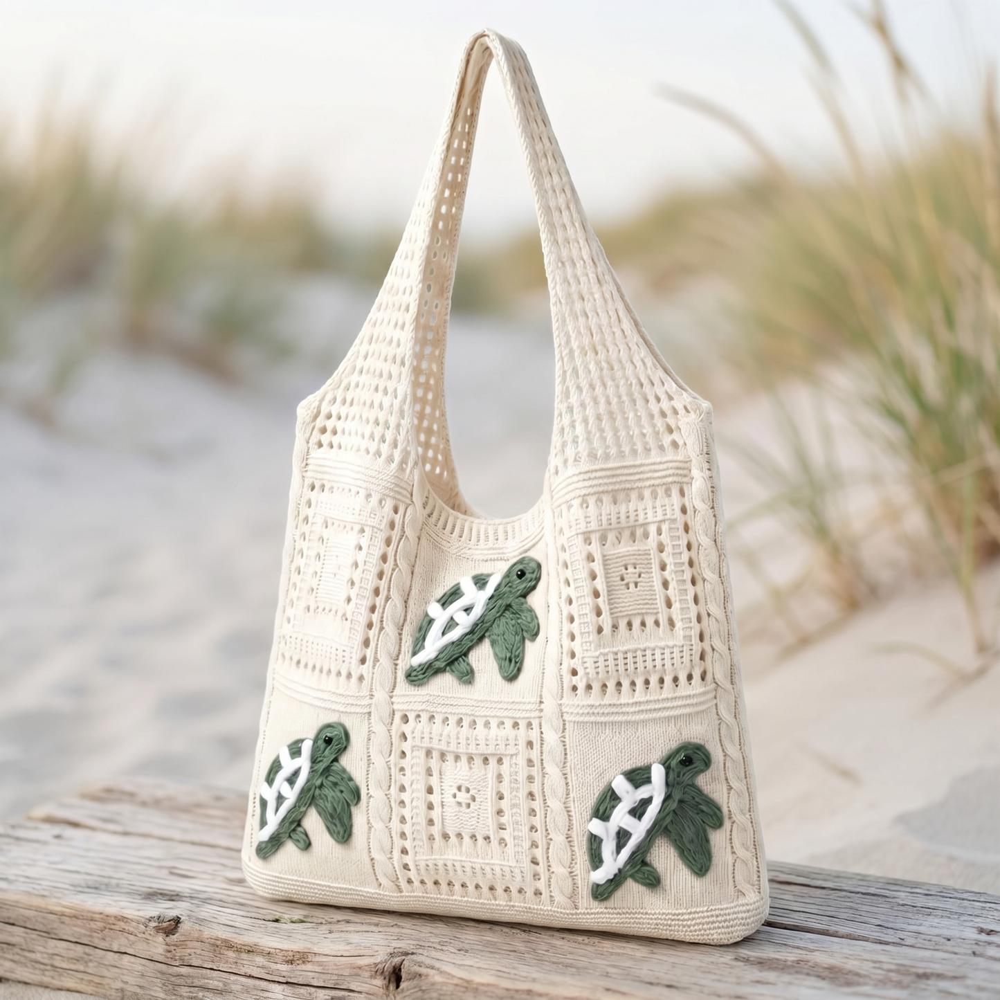 Sea Turtle motif beach bag on driftwood