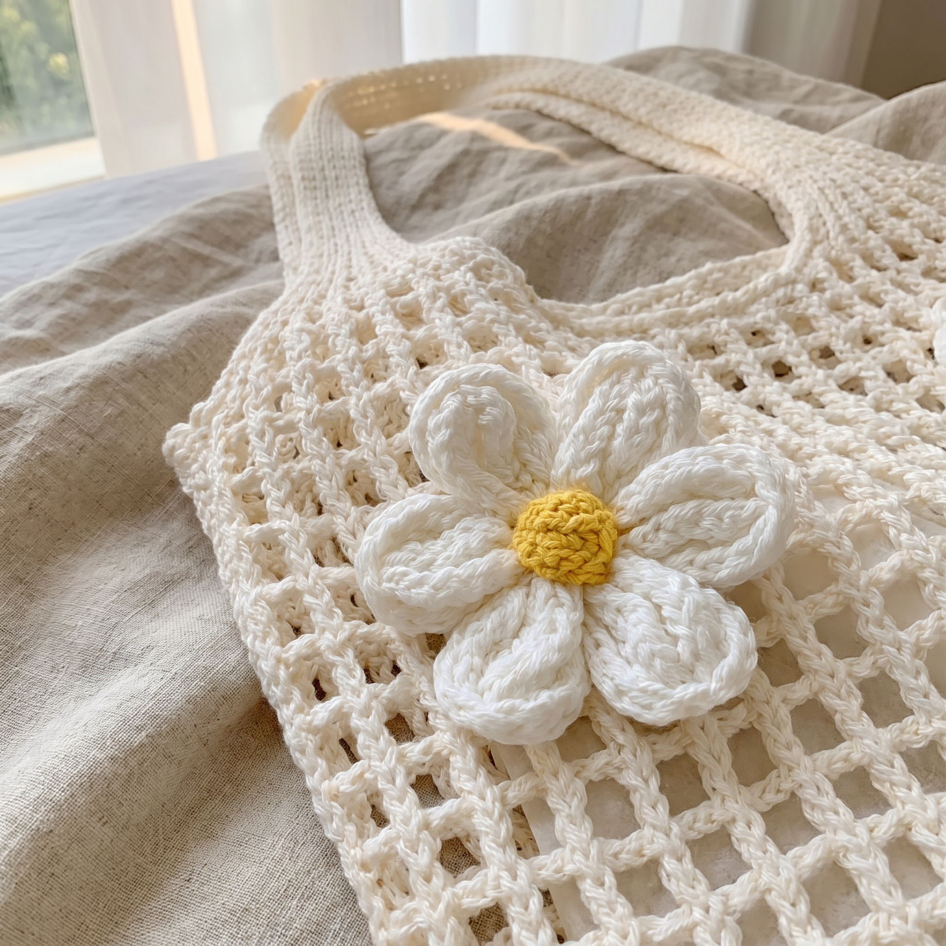 Wild Daisies motif close-up showing hand-crocheted 3D applique