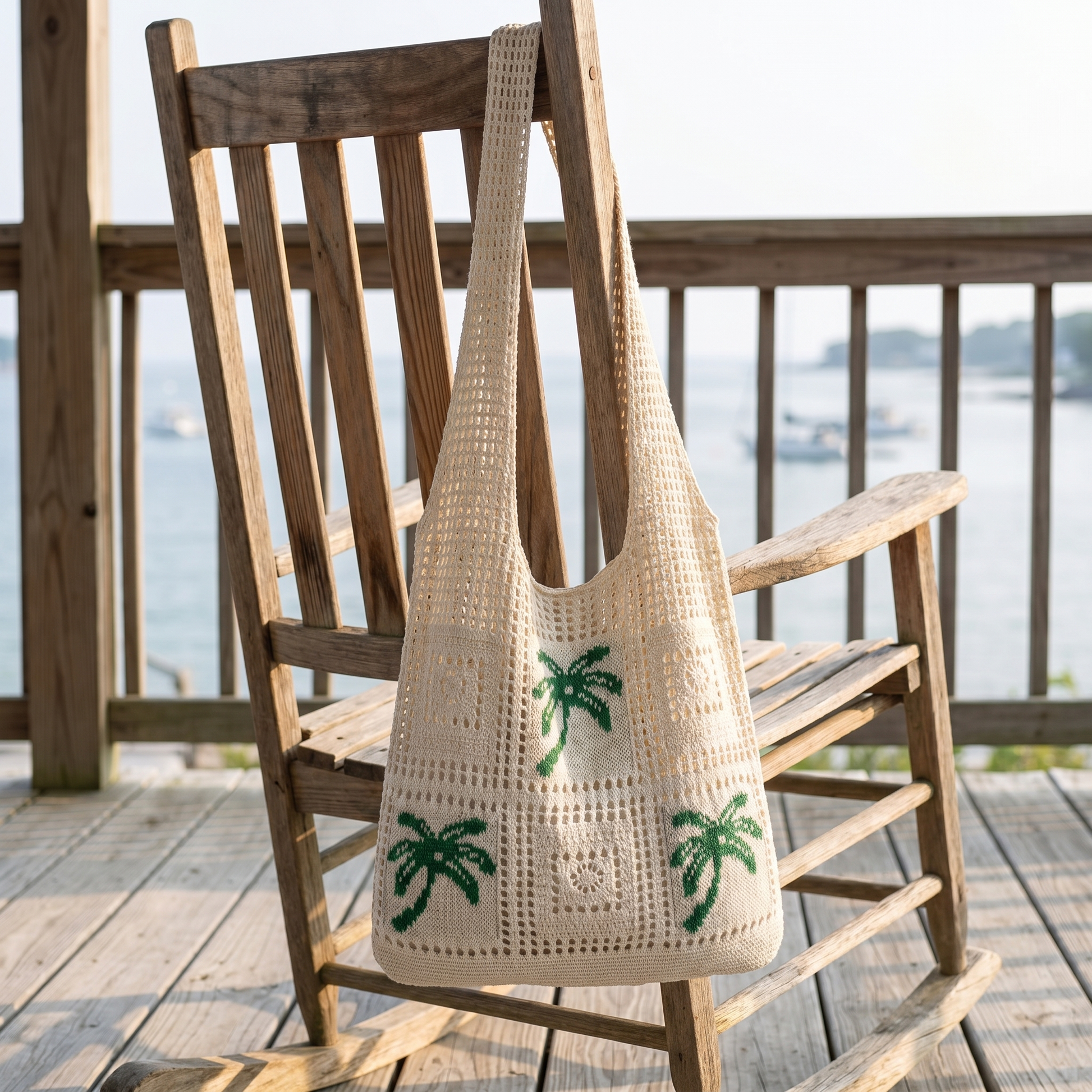 Palm Trees motif beach bag on a coastal porch rocking chair