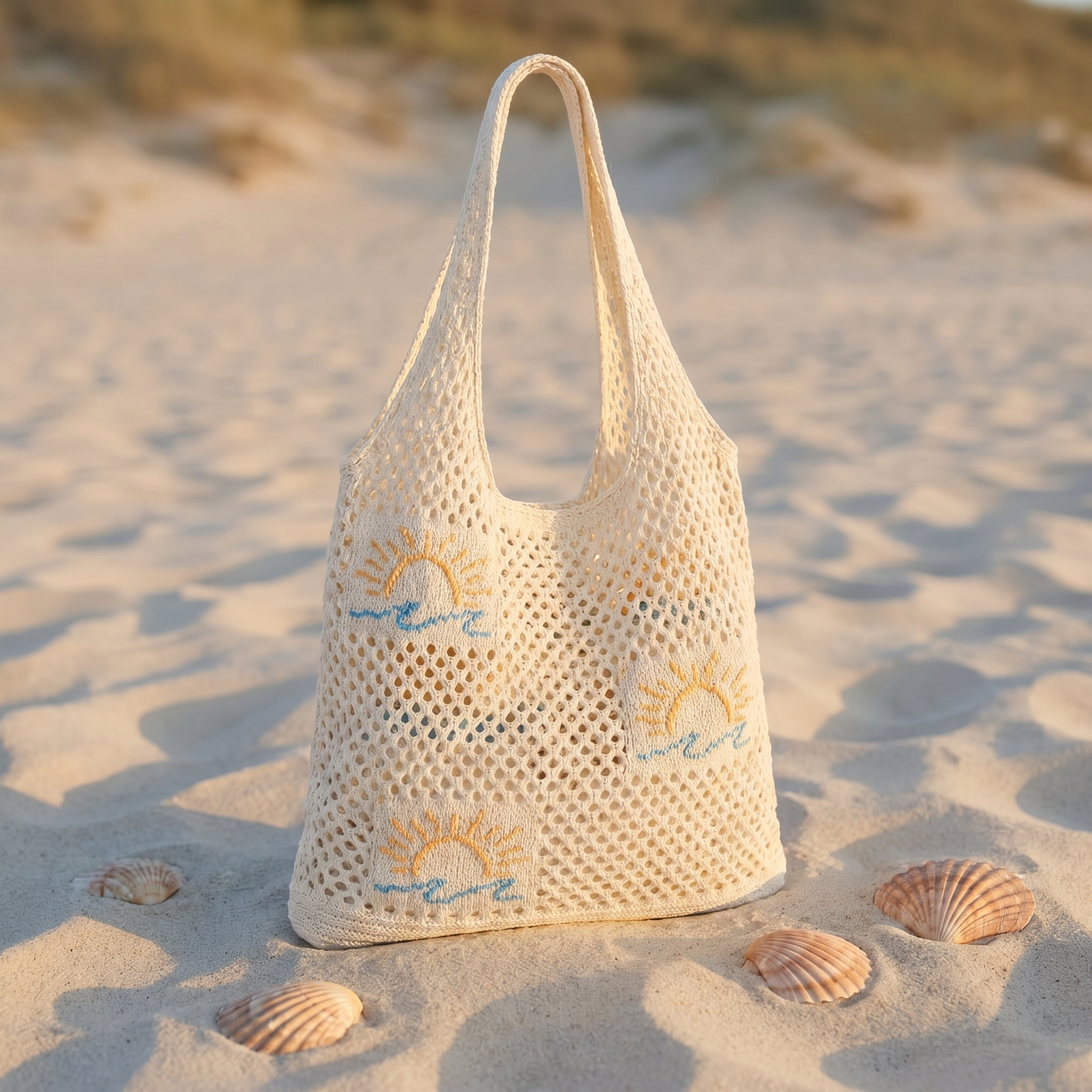 Sun and Waves motif beach bag in beach sand