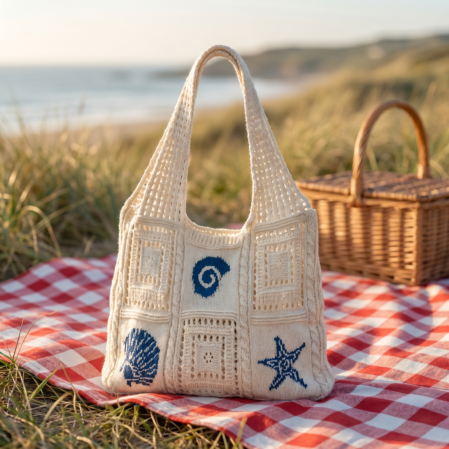 Starfish and Shell motif beach bag on a picnic blanket