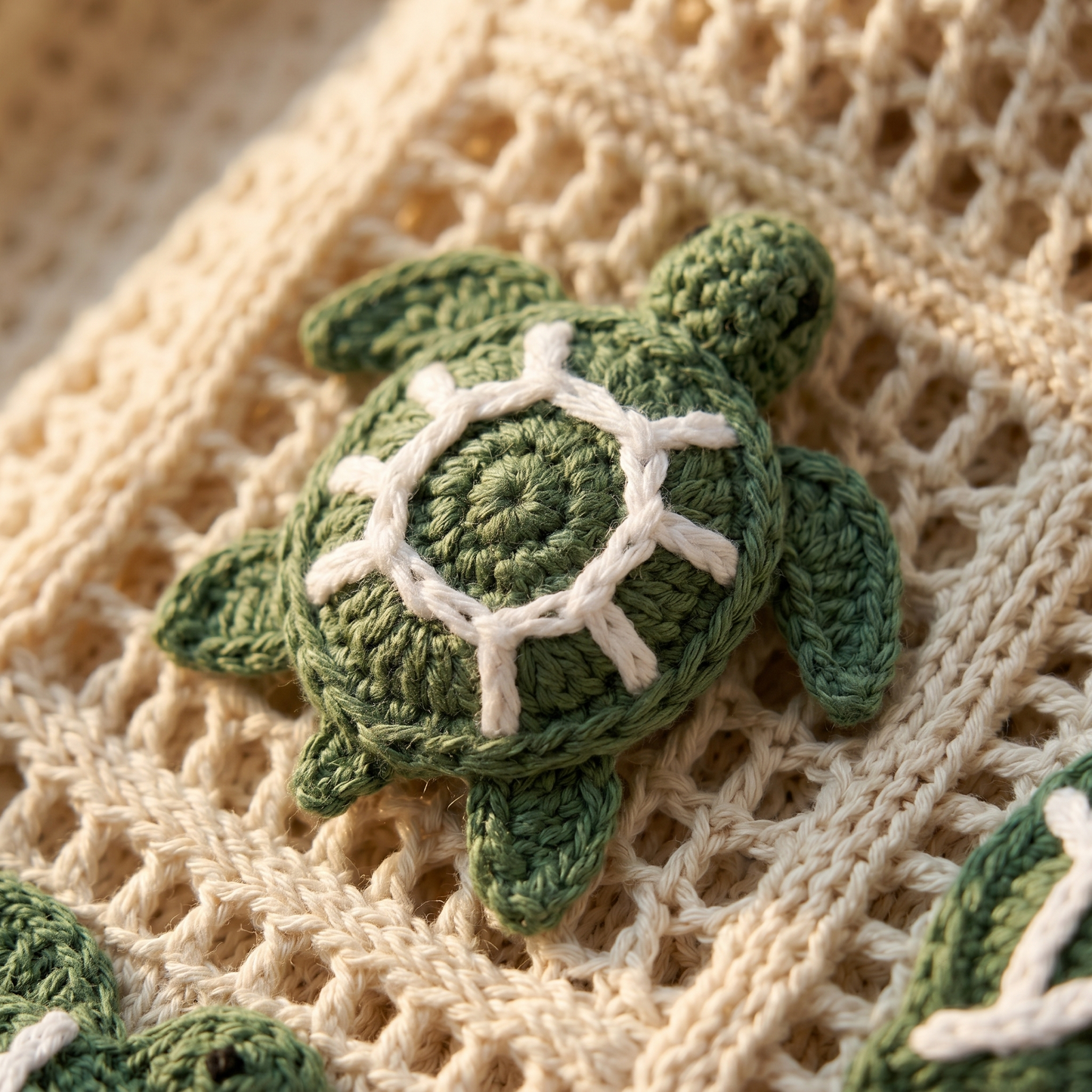 Macro of the hand-crocheted sea turtle applique stitches