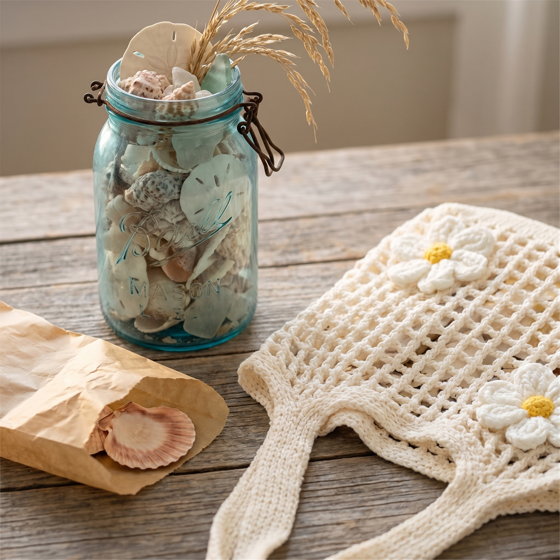 Mason jar keepsake token wrapped in parchment beside the daisy bag