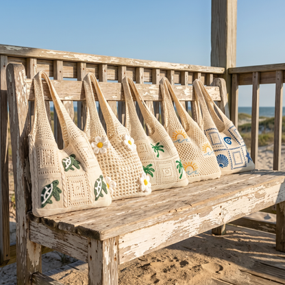 All five Hartwell hand-crocheted beach bags on a porch bench