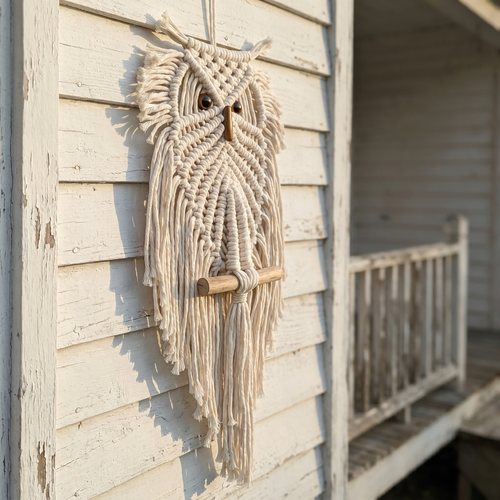 The Owl - hand-knotted macrame wall hanging on white clapboard siding