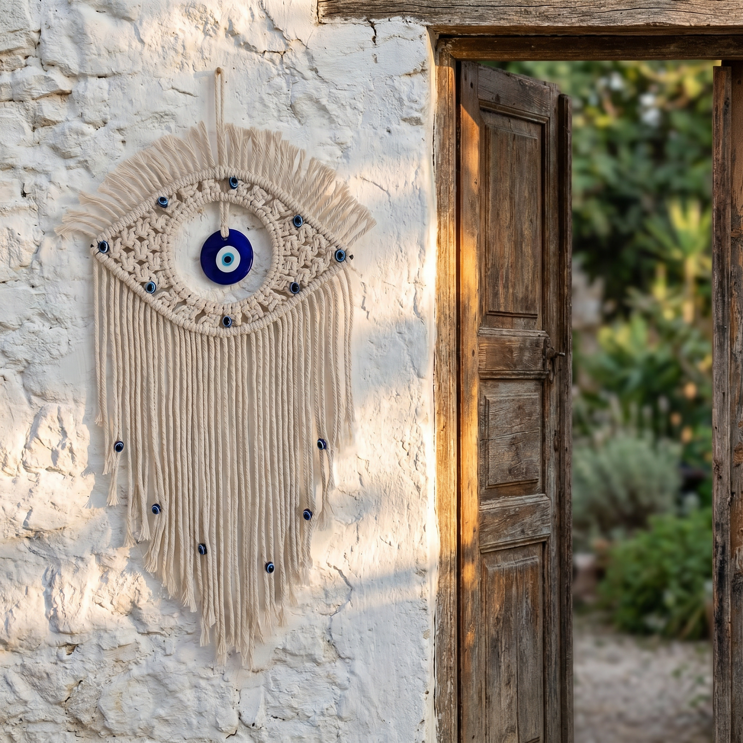 The Evil Eye - eye-shaped macrame hanging with cobalt glass nazar