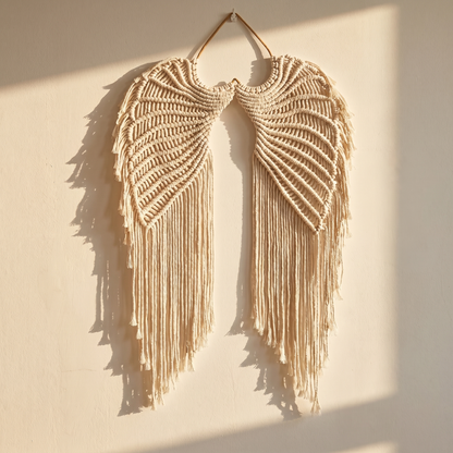 The Angel Wings - cream macrame wings on brass heart frame