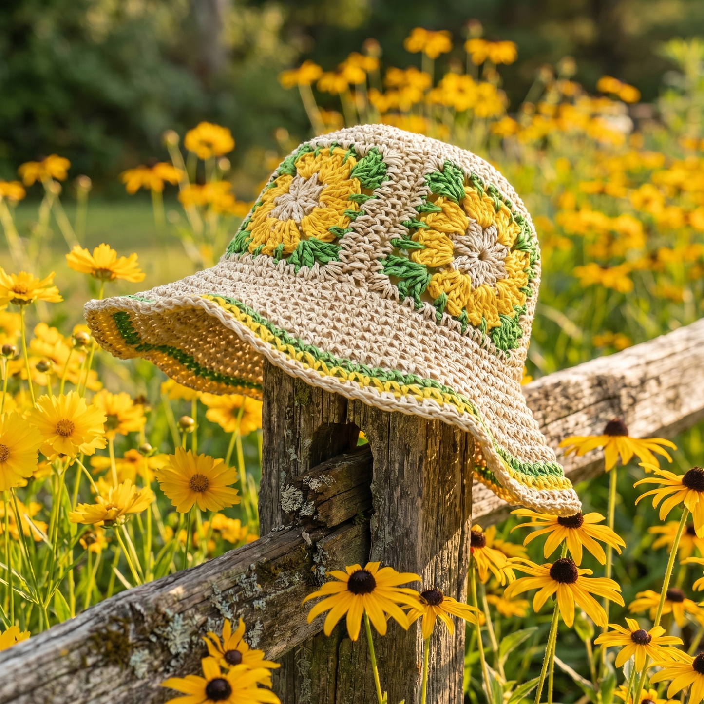 Flower sun hat on a garden fence post among wildflowers