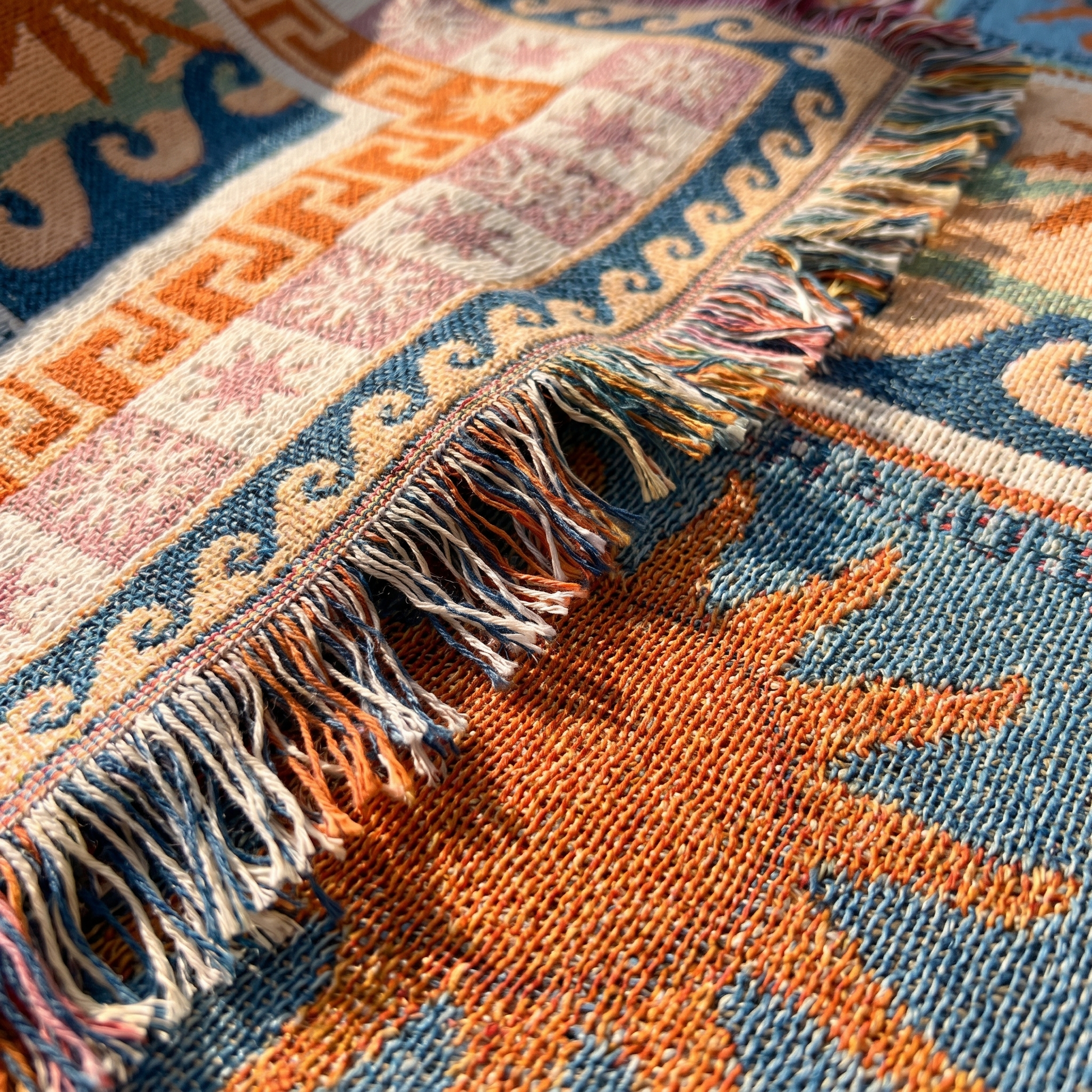 Close-up of the woven texture and hand-knotted fringe