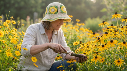 Woman gardening in the flower sun hat among coreopsis