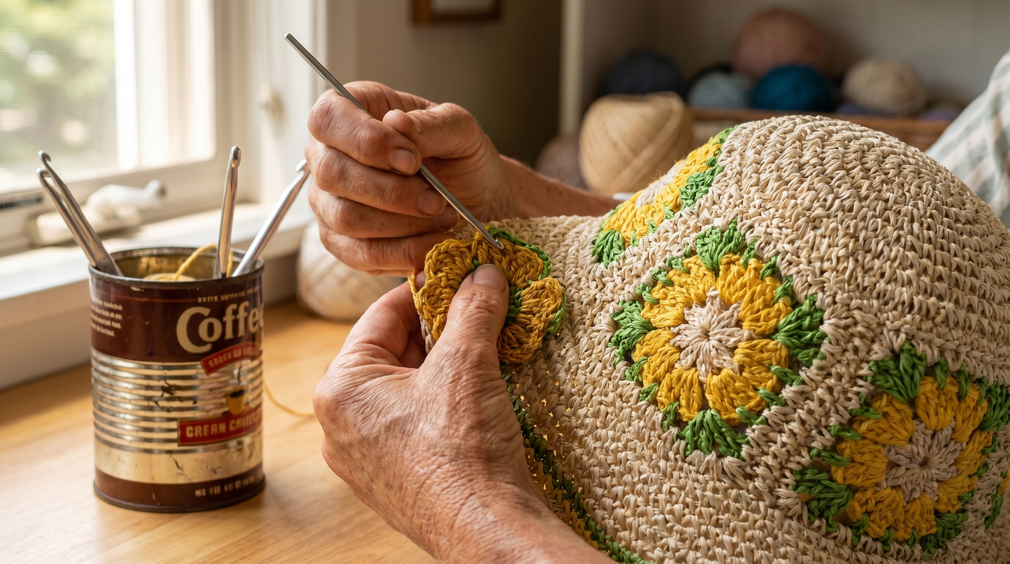 Della's hands crocheting a flower onto the hat