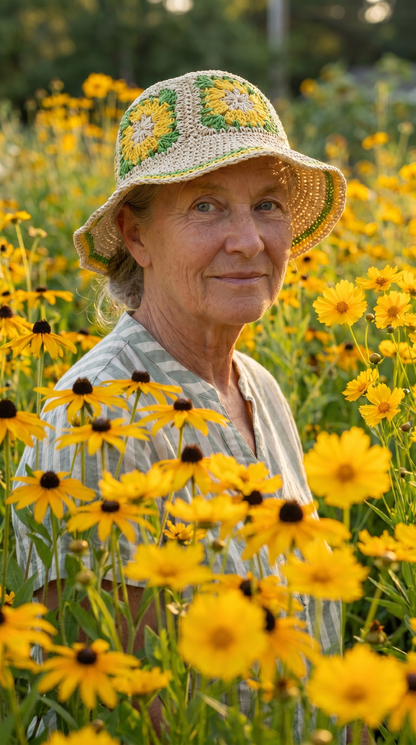 Della Hadley wearing her flower sun hat in her Texas wildflower garden