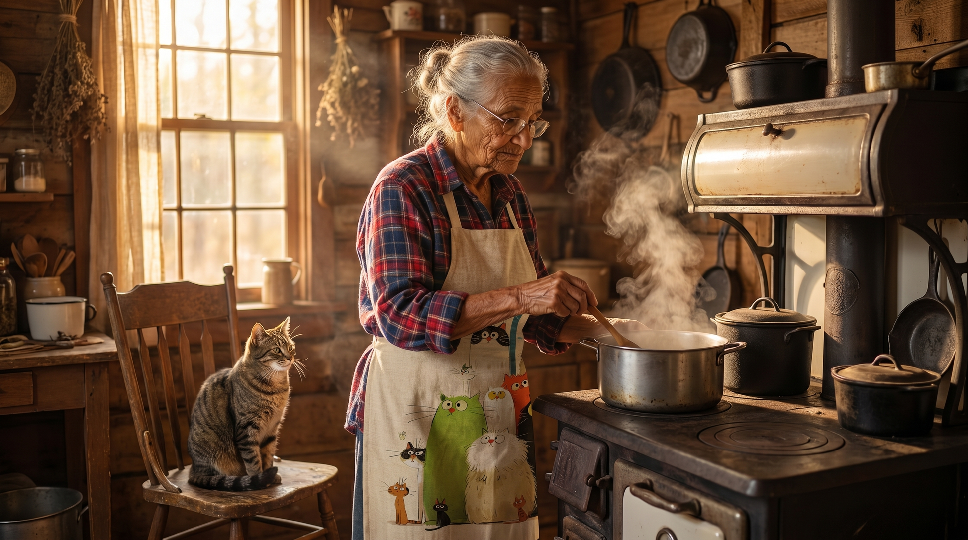 Della cooking at her wood stove wearing the cat apron, a cat watching nearby