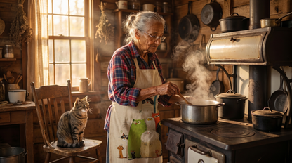 Della cooking at her wood stove wearing the cat apron, a cat watching nearby