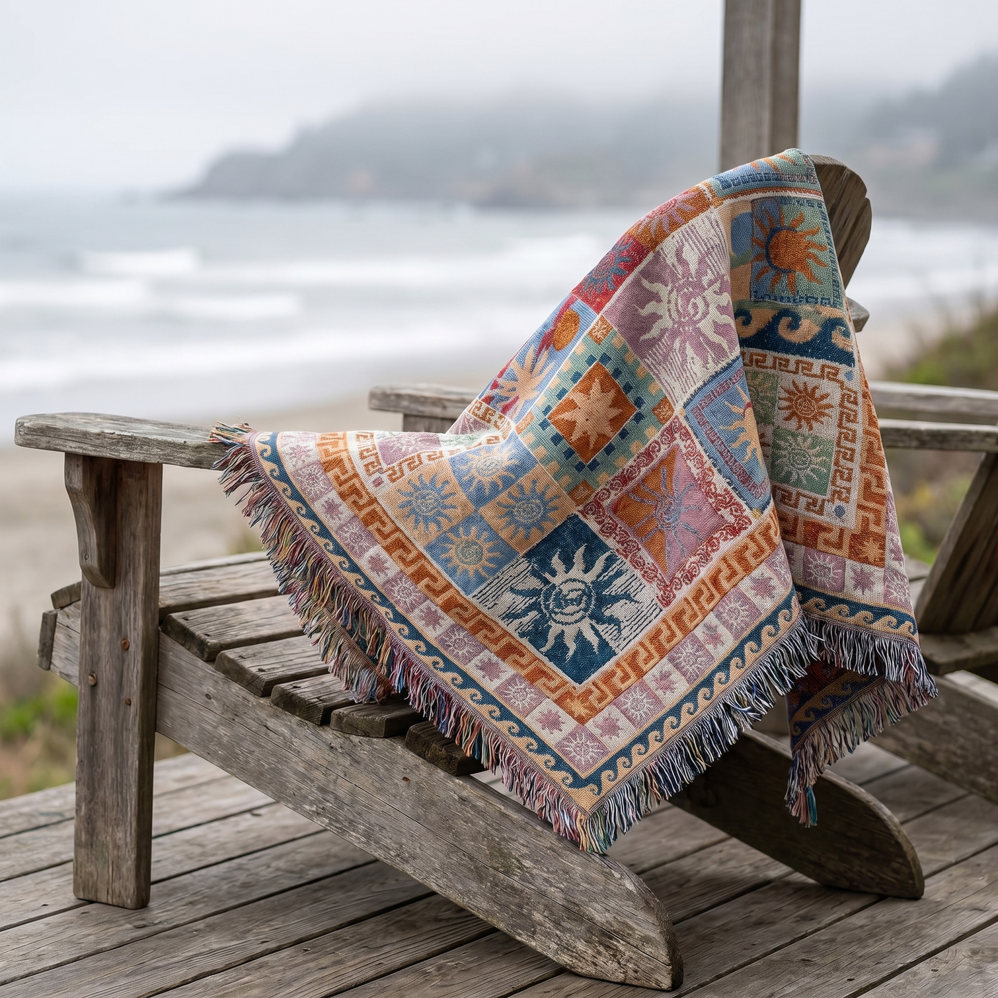 Blanket draped over a chair on the Mendocino coast