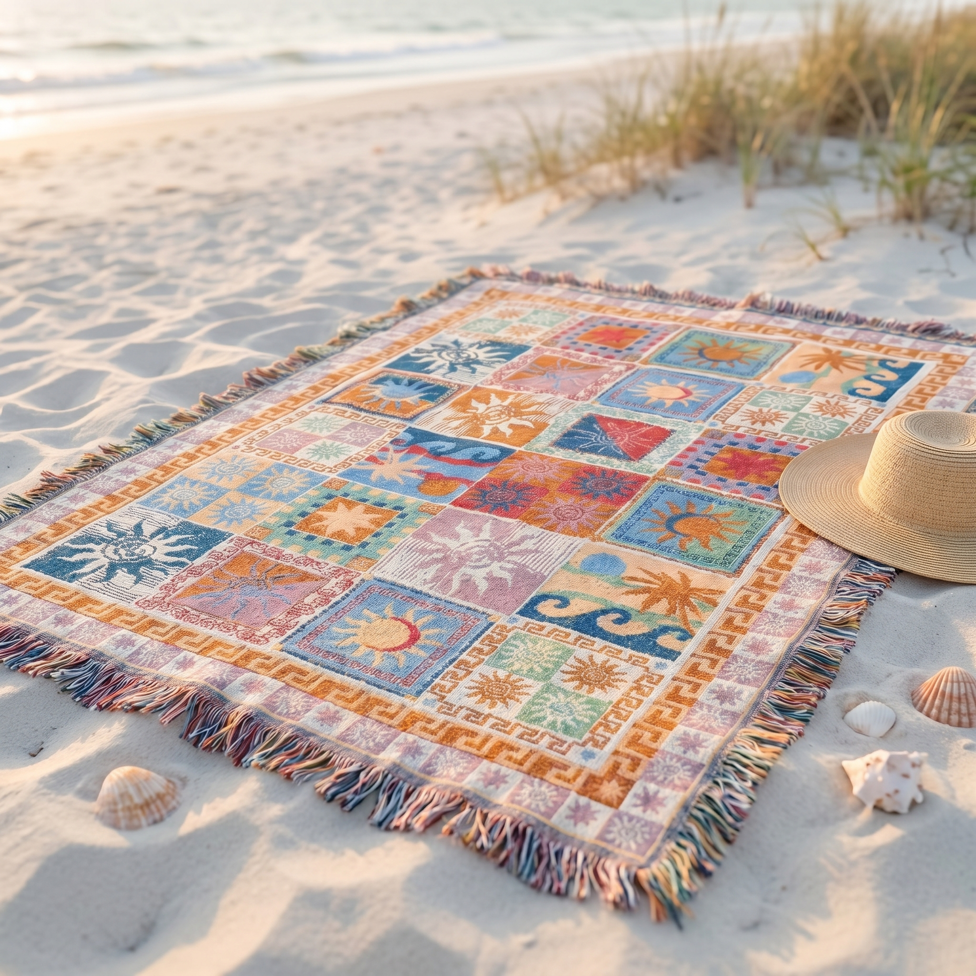 Blanket on the beach with a straw hat and seashells