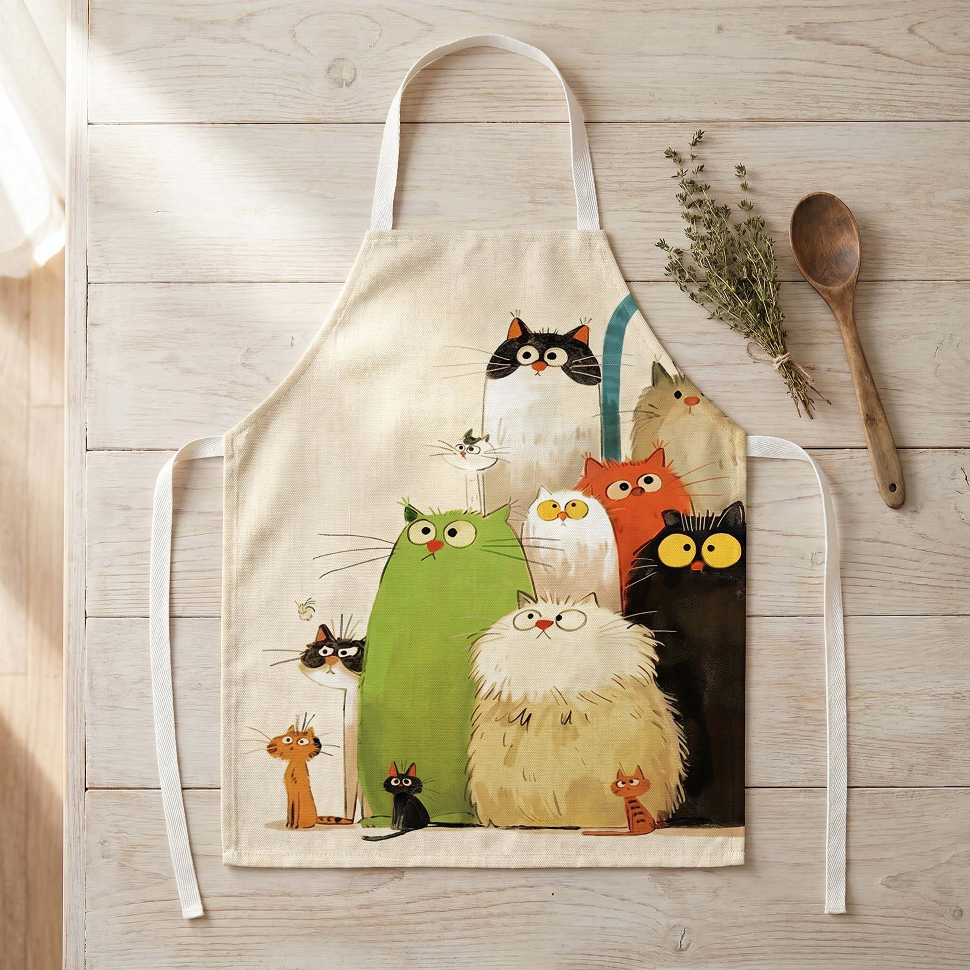 Della's hand-stitched linen cat apron laid flat, showing the crowd of ten cats