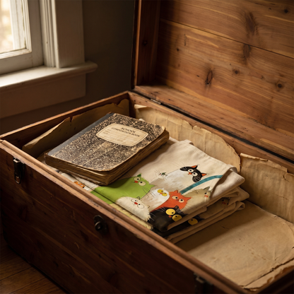 Folded cat aprons in a cedar chest with the worn composition book of cat names on top