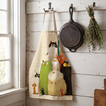 The cat apron hanging on an iron hook in a farmhouse kitchen beside a cast-iron skillet