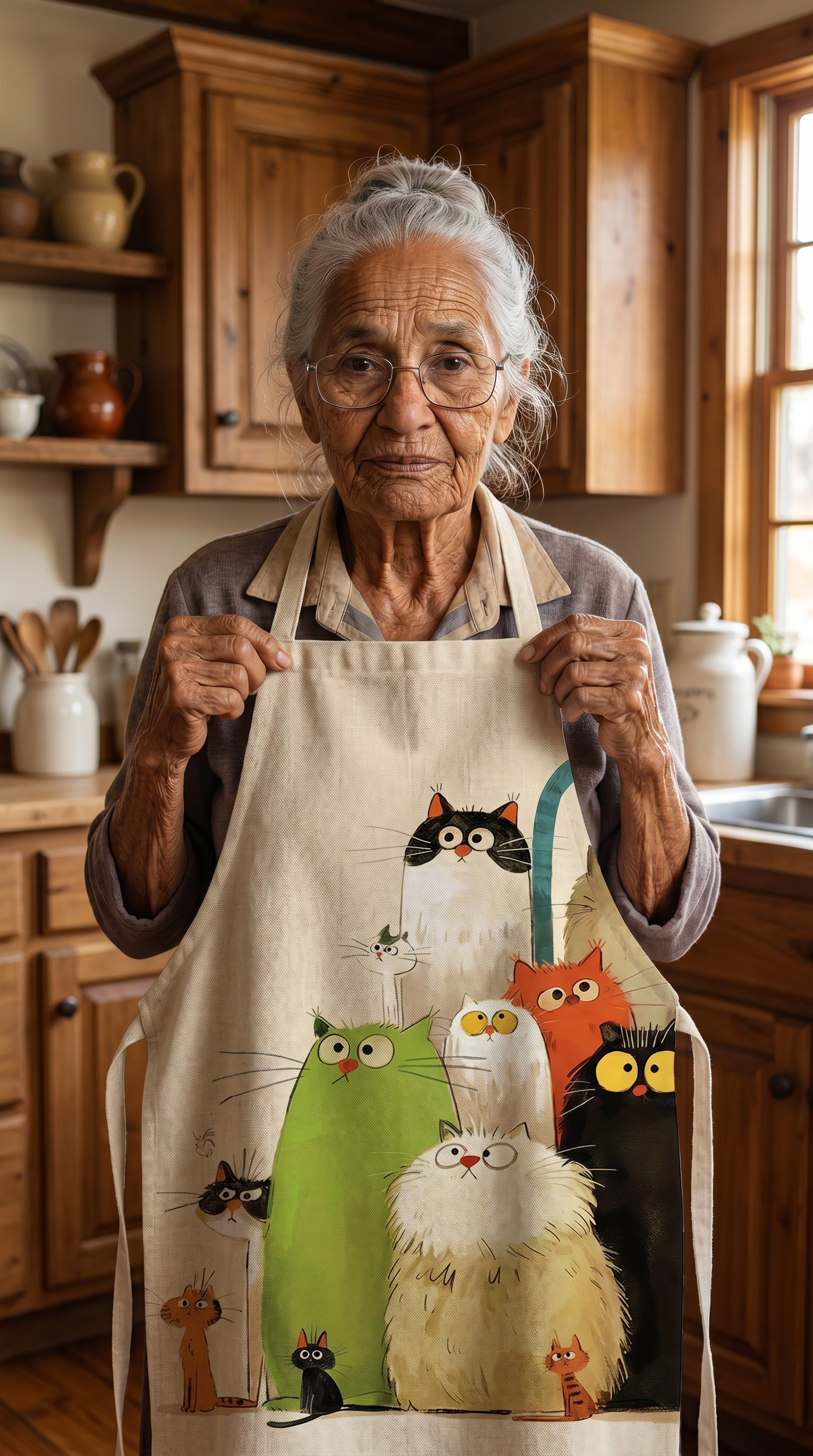 Della Holloway holding up one of her hand-stitched cat aprons in her kitchen